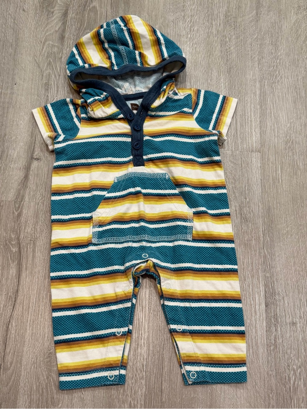 Tea Collection Teal, Yellow & White Striped Hooded Romper 0-3m